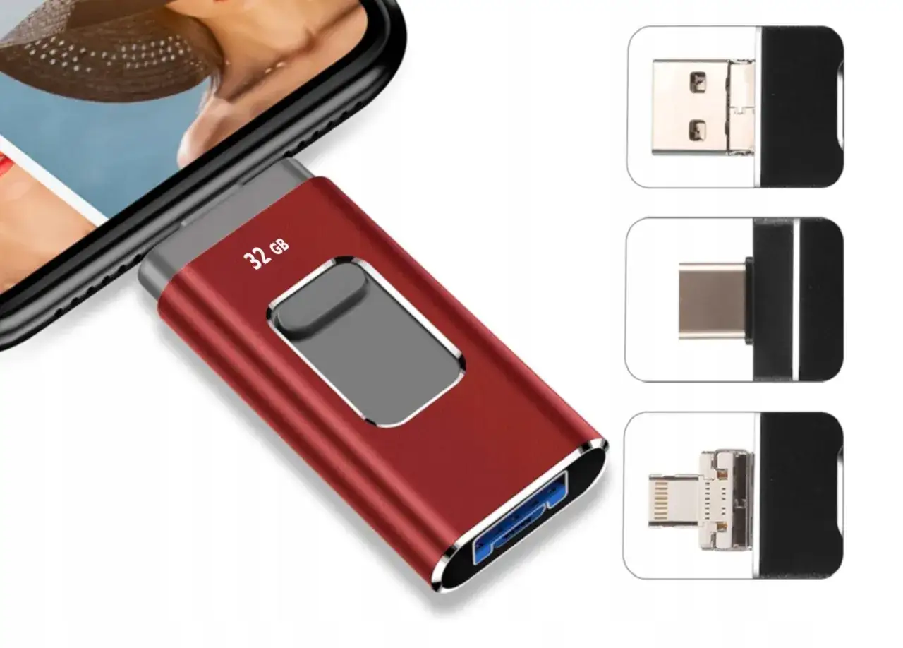 Czerwony pendrive 32 GB z różnymi złączami, w tym USB-C i Lightning. Czy tablet ma wejście USB? Ten pendrive to rozwiązanie!