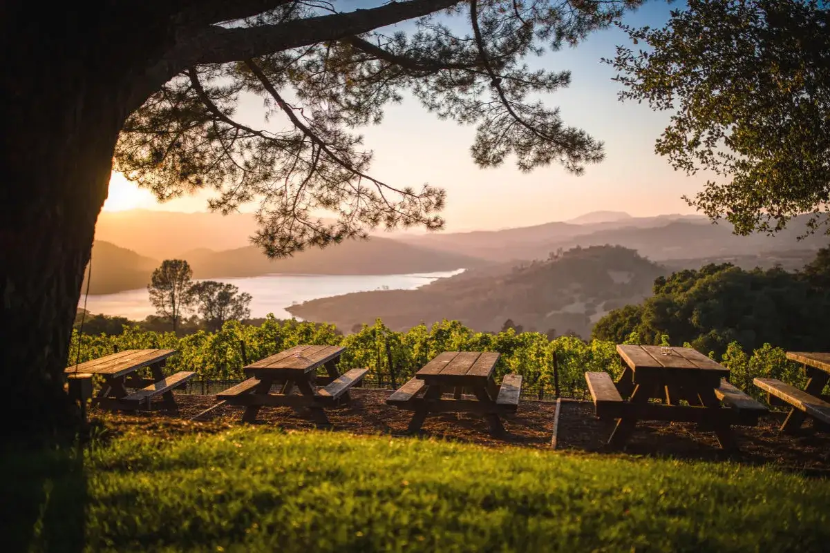 Picknicktische mit Blick auf Weinberge und See im Napa Valley. Perfekt f&uuml;r eine Weinprobe bei Sonnenuntergang.