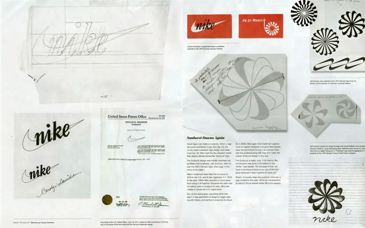 Szkice Carolyn Davidson, w tym wczesne wersje znaku Nike, dokumenty patentowe i inspiracje dla logo.