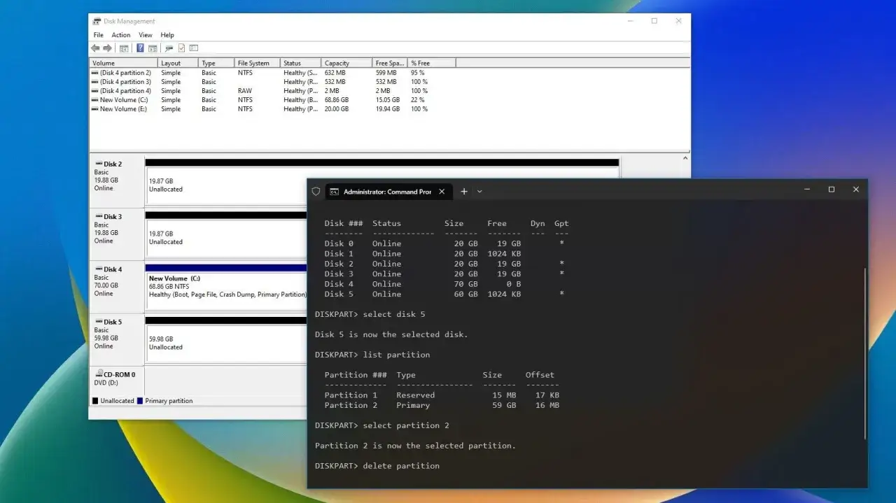 Diskpart clean: Befehlsausführung im Administrator-Befehlszeilenfenster, um eine Partition zu löschen.