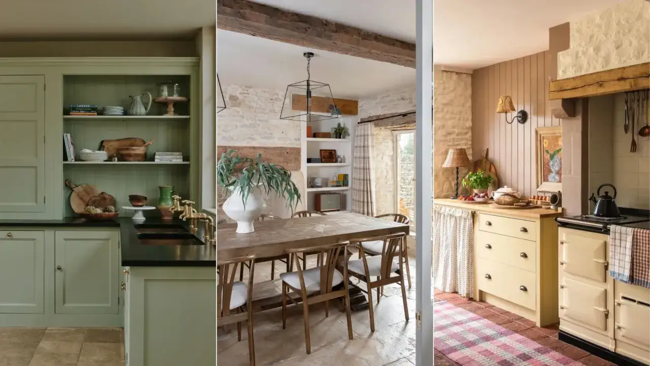 A triptych showcasing rustic chic interior design: a sage green kitchen, a stone-walled dining room with a wooden table, and a cream-colored kitchen with a vintage stove.