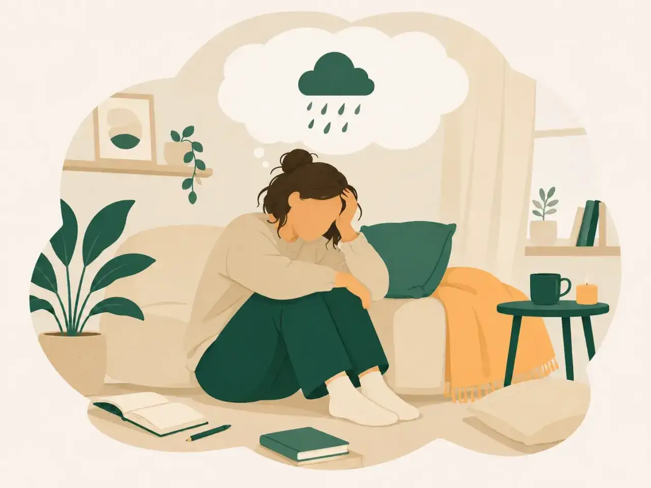 En kvinna sitter nedstämd, med en tankebubbla av regn ovanför. Bilden symboliserar känslor av recidiverande depression och adhd.