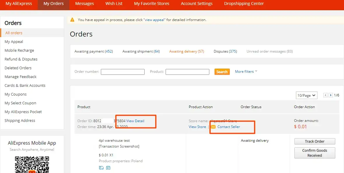 AliExpress aplikacja mobilna proces sporu zrzuty ekranu