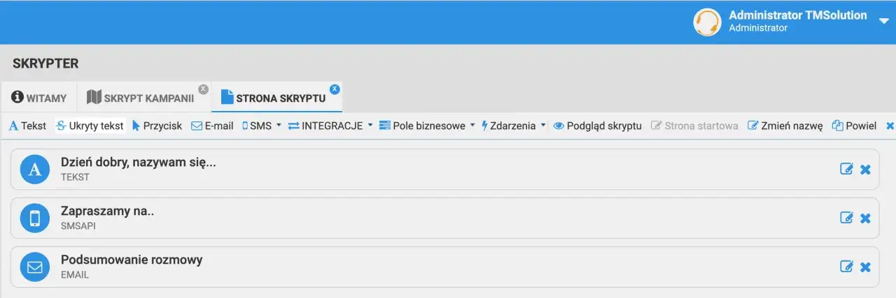 Interfejs skryptu kampanii z elementami tekstowymi, SMS i e-mail. Ironia polega na tym, że mimo zaawansowanych opcji, widać prosty tekst 