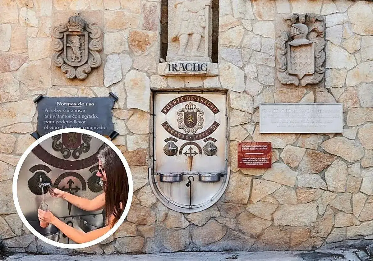 Fuente de vino gratuita en el Camino de Santiago. Una peregrina llena su botella en la Fuente de Irache, un lugar emblemático.