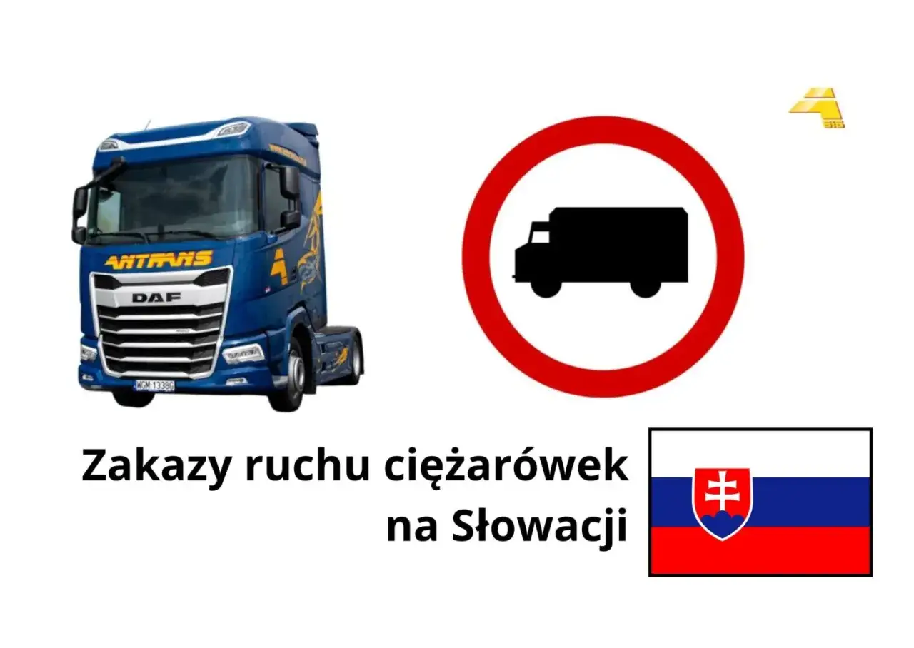 Zakazy ruchu ciężarówek na Słowacji. Znak zakazu wjazdu dla ciężarówek i flaga Słowacji.