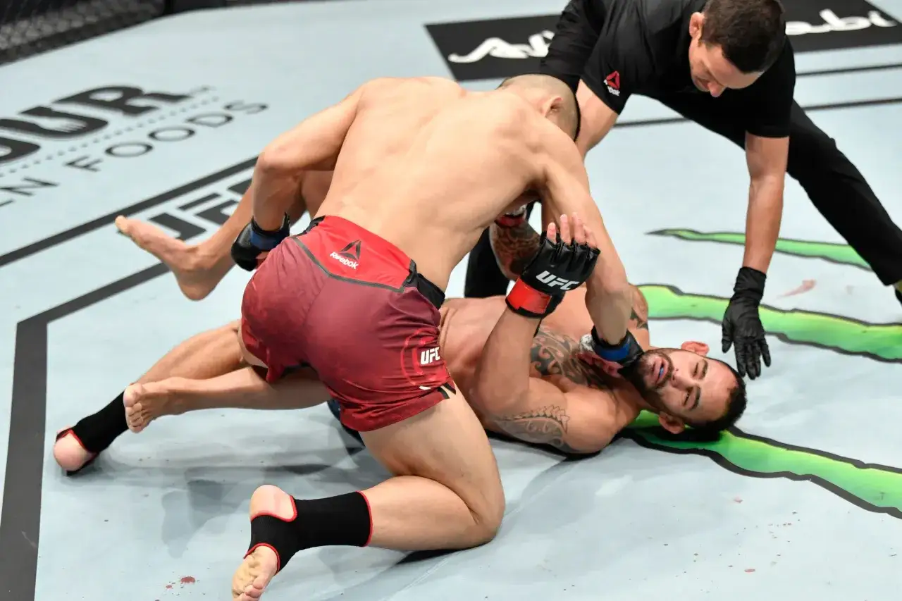 Santiago Ponzinibbio i hans motst&aring;ndare i en intensiv MMA-match. Domaren &ouml;vervakar noga.
