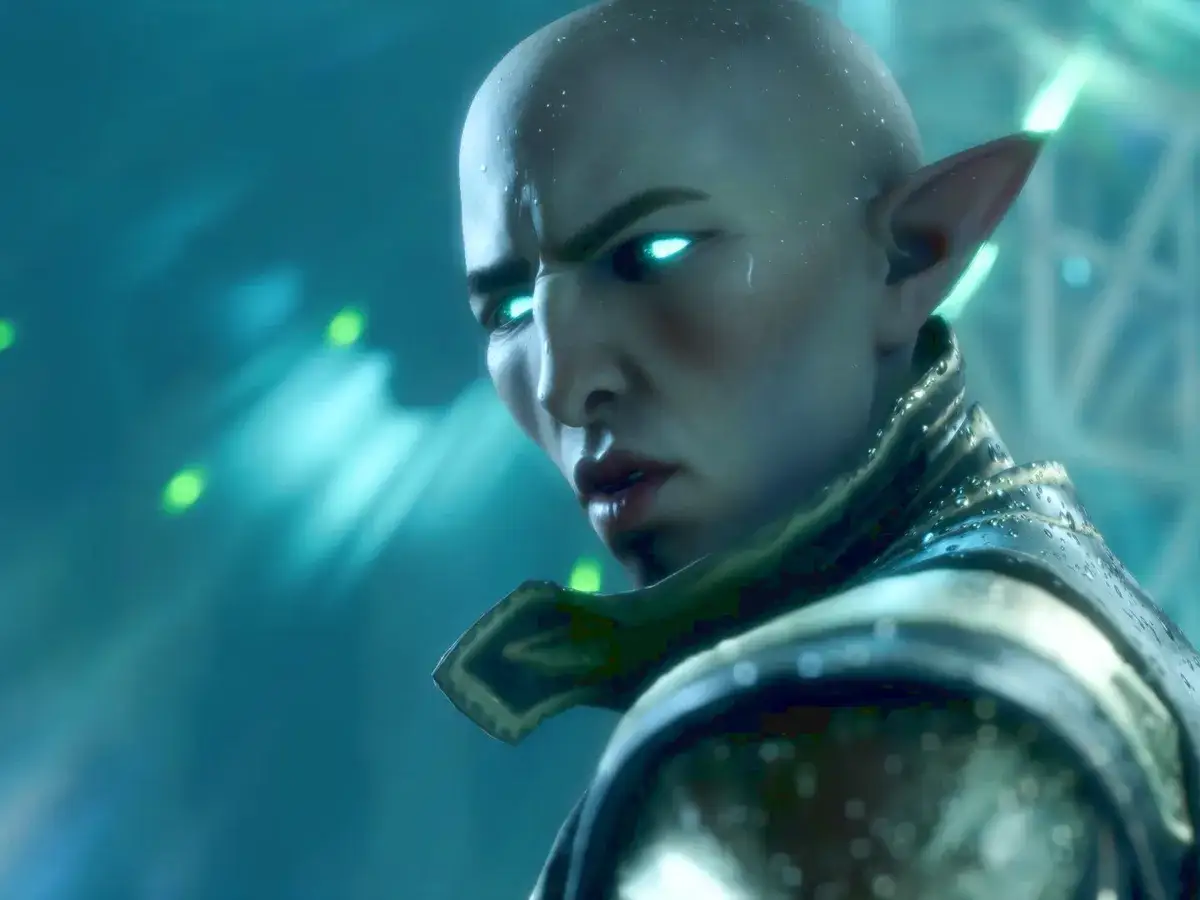 Elf z płonącymi oczami, postać z Dragon Age: Veilguard, czeka na recenzje na Metacritic.