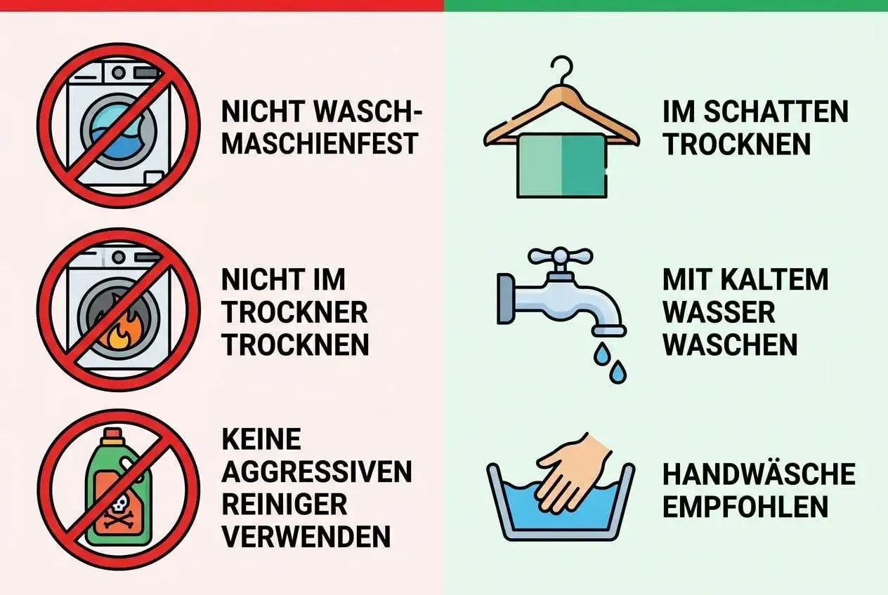 Pflegehinweise für eine Regenjacke: Nicht in der Maschine waschen oder im Trockner trocknen. Besser im Schatten trocknen, kalt waschen und Handwäsche.