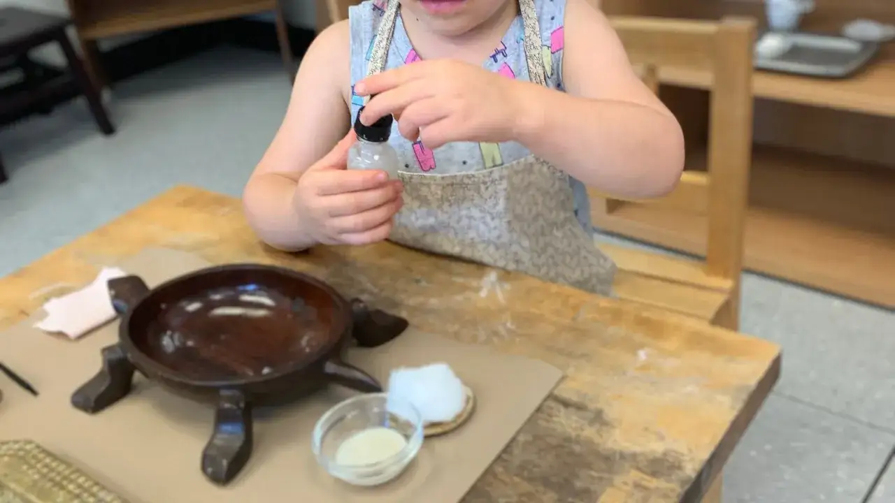 A child engages in a Montessori approach to play, carefully holding a dropper over a wooden turtle dish.