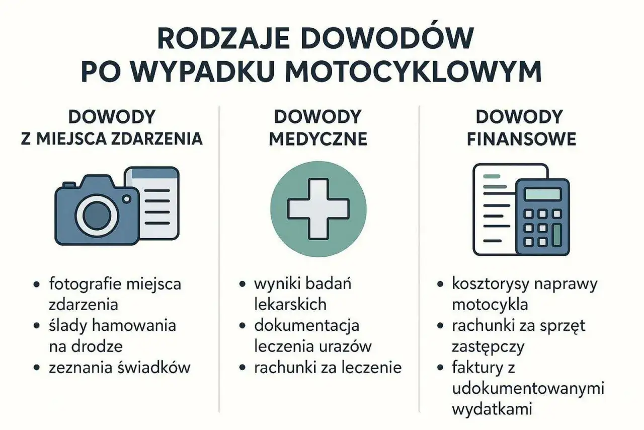 Rodzaje dowodów po wypadku motocyklowym: z miejsca zdarzenia (zdjęcia, ślady hamowania), medyczne (wyniki badań, dokumentacja leczenia) i finansowe (kosztorysy, faktury). Pomocne przy zgłaszaniu **deliktu**.