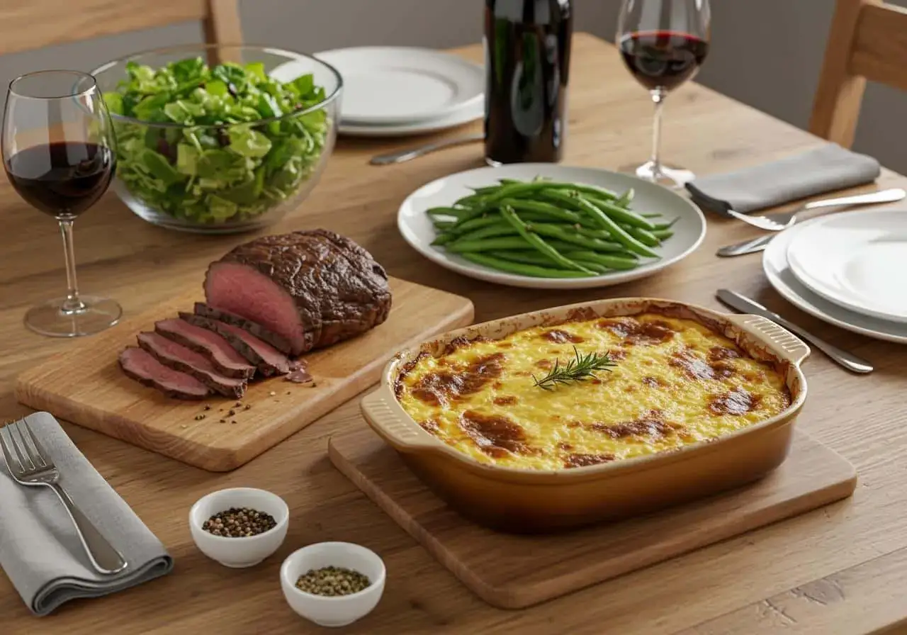 Un repas convivial avec un rôti de bœuf tranché, un gratin dauphinois doré, des haricots verts, une salade et un verre de vin rouge.