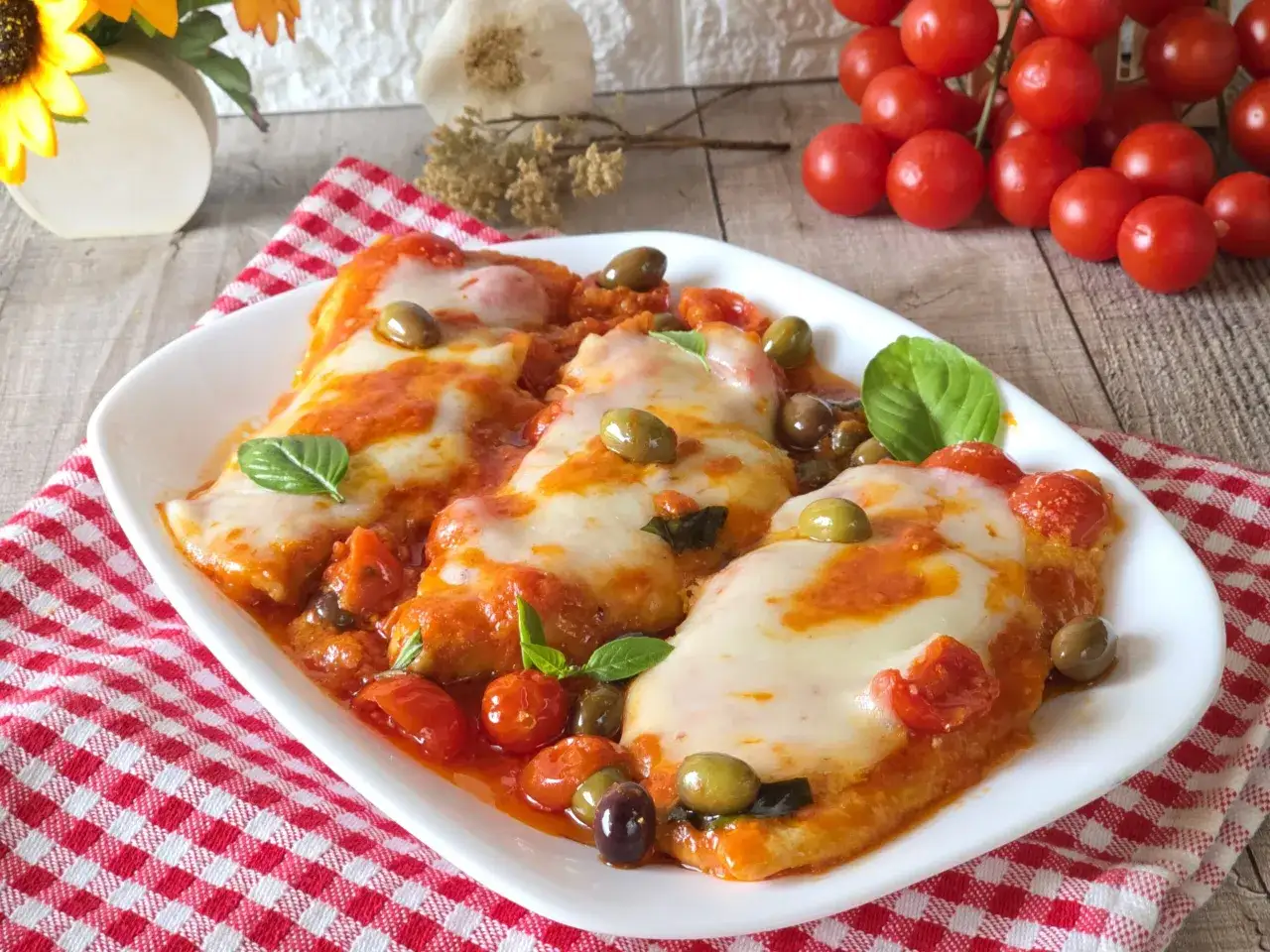 Tre appetitose fettine di tacchino cotte al forno con pomodorini, olive e mozzarella filante, guarnite con basilico fresco.