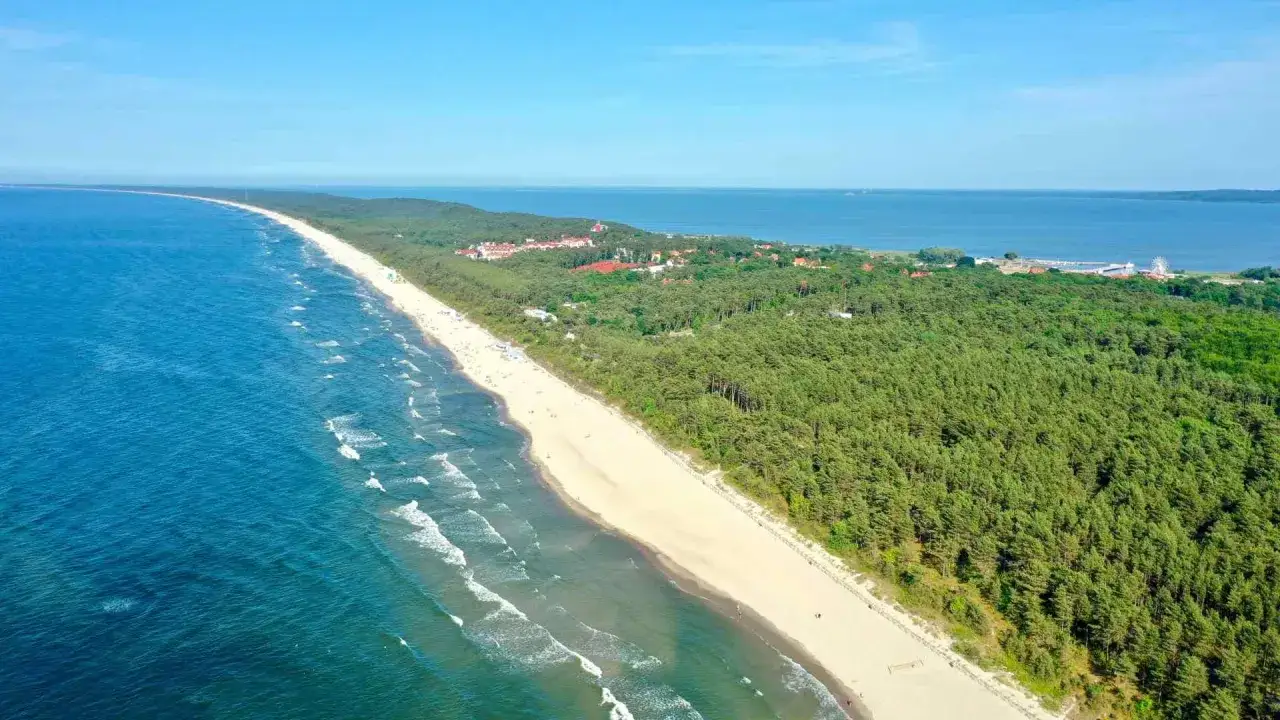 Szeroka plaża i las sosnowy w Krynicy Morskiej. Widok z lotu ptaka na atrakcje tego nadmorskiego kurortu.