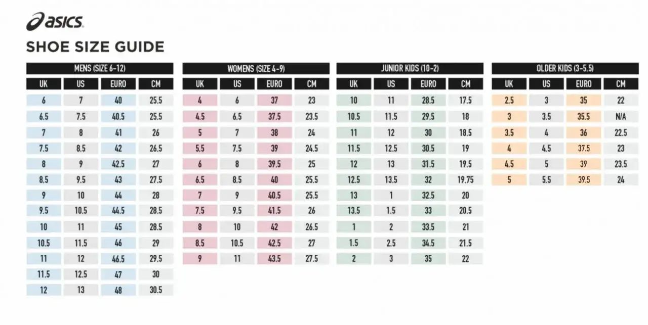 Asics storleksguide för herr, dam, junior och äldre barn. Hitta rätt passform för dina Asics-skor.