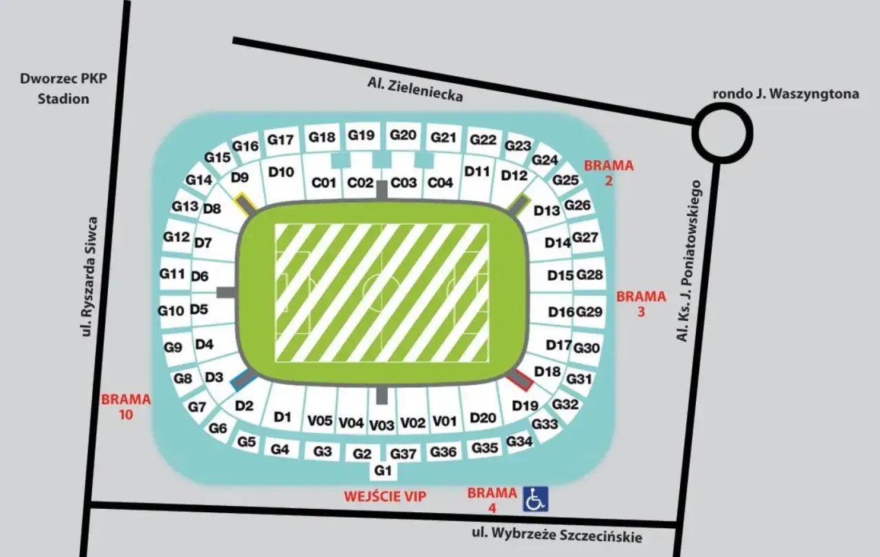 Mapa Stadionu Narodowego. Sektory G, D, C, V. Bramy 2, 3, 4, 10. Najgorsze miejsca na stadionie narodowym to te najdalej od murawy, np. G1-G37.