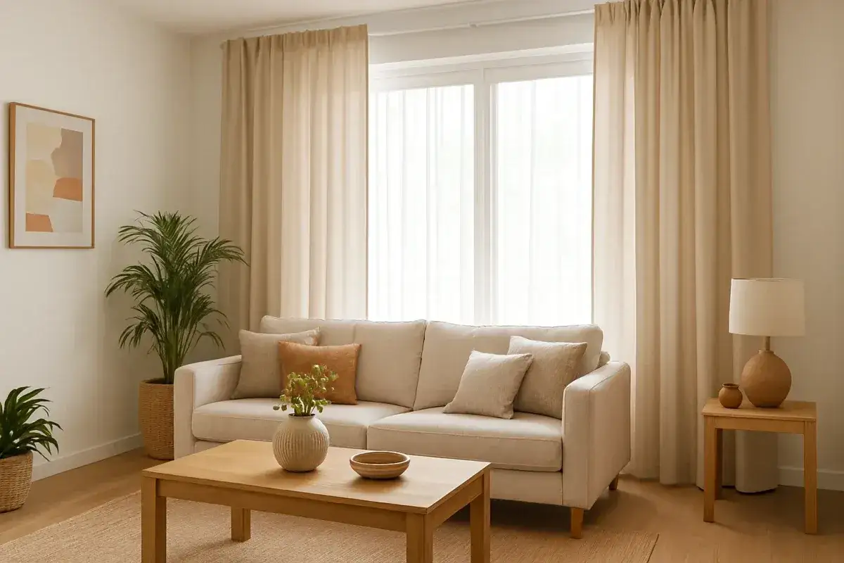 Sofá beige con cojines, mesa de centro de madera y cortinas de lino, reflejando las ultimas tendencias cortinas salon.