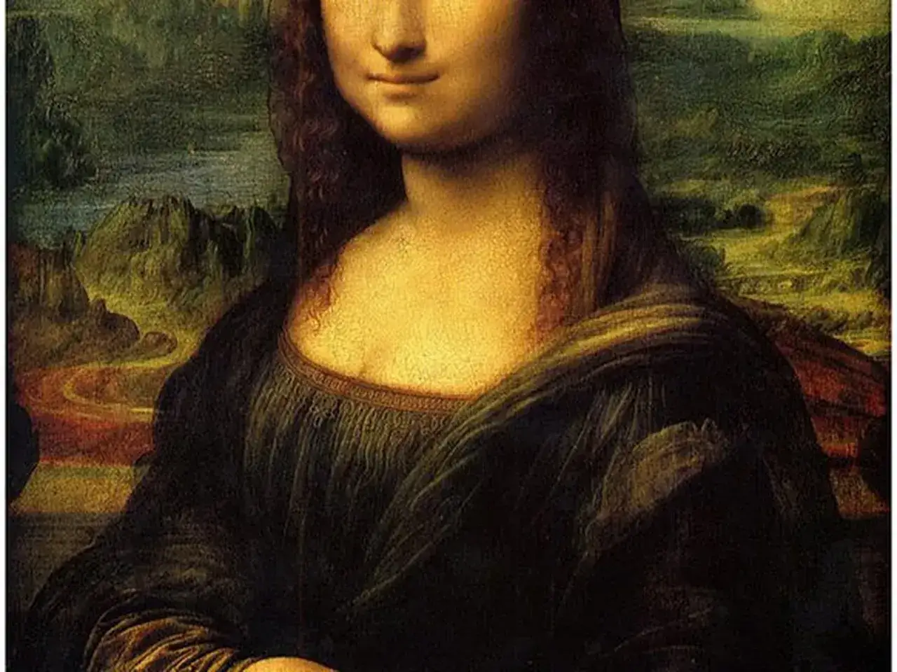 Mona Lisa mit ihrem rätselhaften Lächeln vor einer Landschaft. Die Mona Lisa Bedeutung bleibt ein ewiges Mysterium.