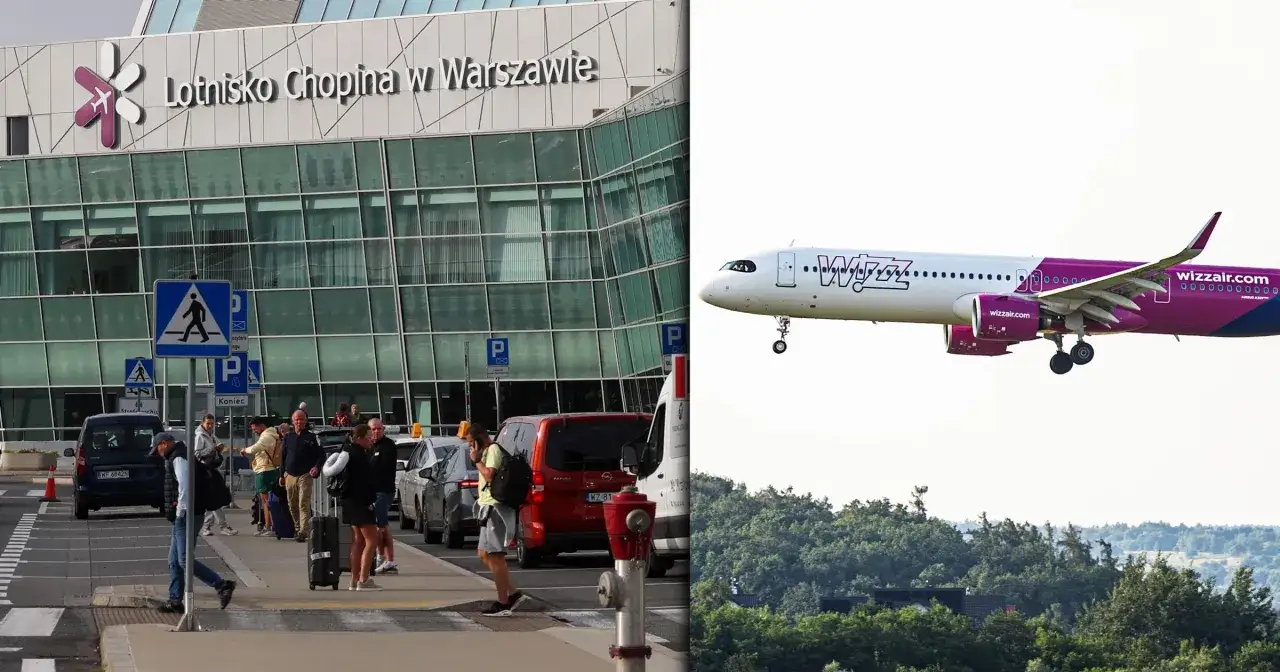 Warszawskie lotnisko Chopina, ludzie z bagażami, samolot Wizz Air w powietrzu. Czyżby overbooking i opóźnienia?