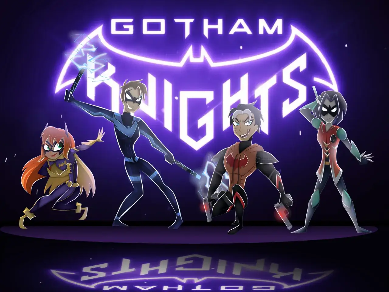 Cztery młode postacie z **Gotham Knights** w dynamicznych pozach, gotowe do akcji.
