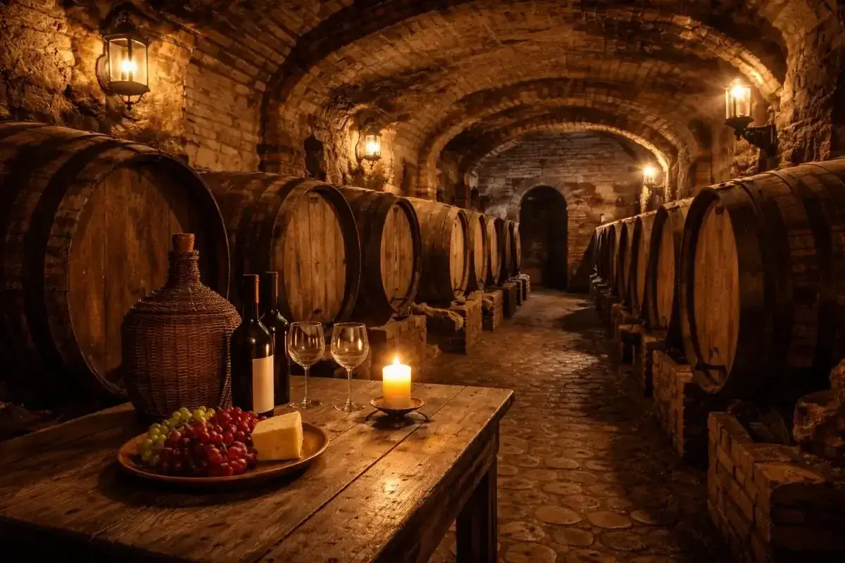 Cantina con botti di legno, bottiglie, bicchieri, uva e formaggio. L'atmosfera evoca un'esperienza di degustazione di **Redavalle vino**.