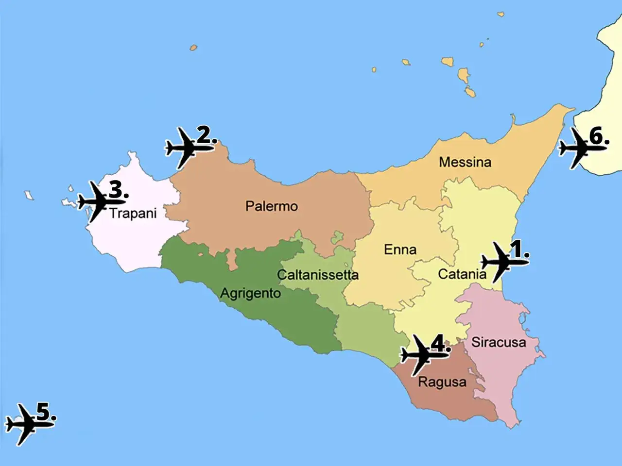Map of Sicily showing six numbered airplane icons indicating the locations of Sicily airports: Catania, Trapani, Palermo, Ragusa, and two others.