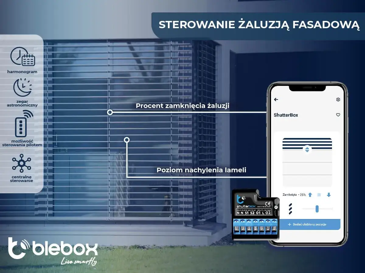 Sterowanie żaluzjami fasadowymi: harmonogram, zegar astronomiczny, pilot, centralne sterowanie. Aplikacja pokazuje procent zamknięcia i poziom nachylenia lameli.