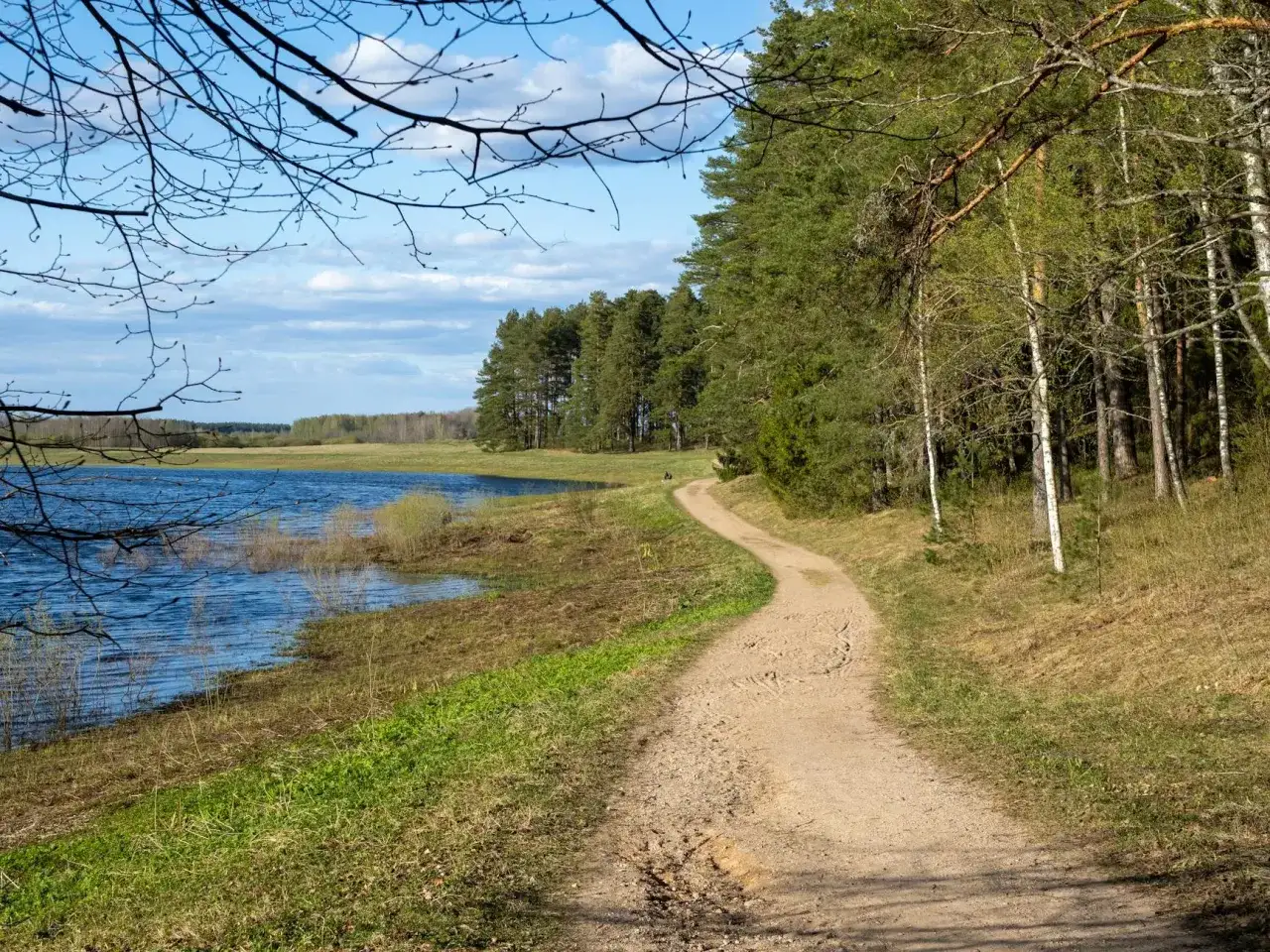 Kręta ścieżka prowadzi przez malowniczy sobiborski park krajobrazowy, wzdłuż błękitnego jeziora i gęstego lasu.