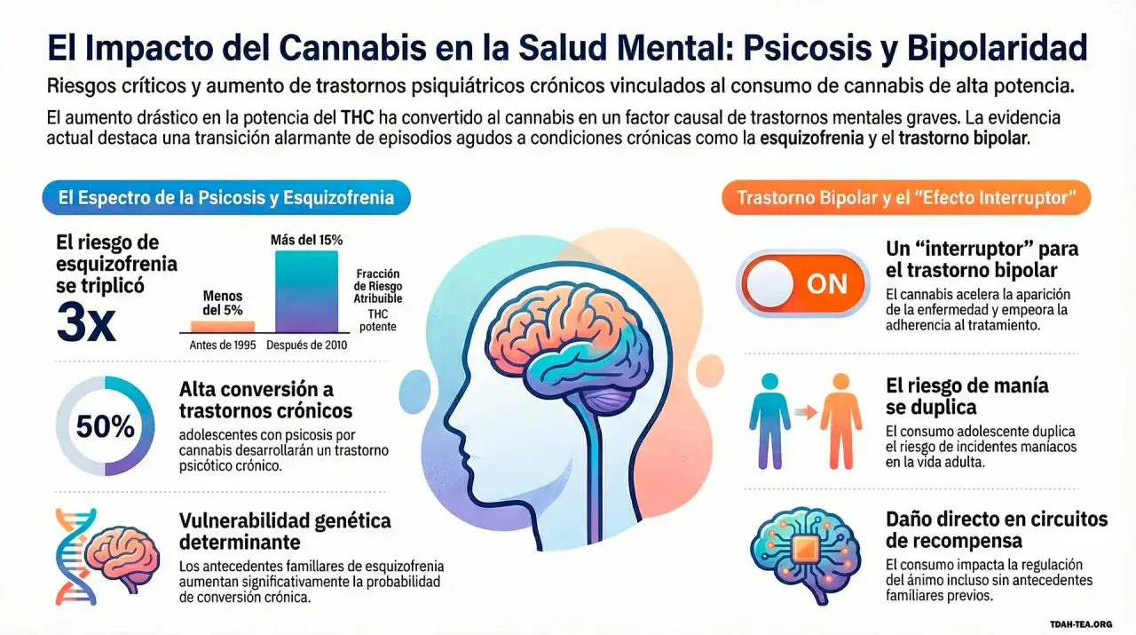 Infografía sobre el impacto del cannabis en la salud mental, mostrando el aumento del riesgo de esquizofrenia y trastorno bipolar. El CBD, que es un componente del cannabis, se relaciona con estos efectos.