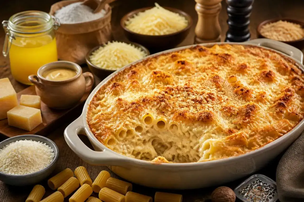 Un d&eacute;licieux gratin de p&acirc;tes dor&eacute; et croustillant, entour&eacute; d'ingr&eacute;dients frais comme du fromage r&acirc;p&eacute;, du beurre et de la farine.