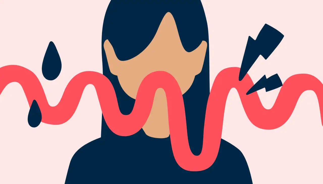 Abstrakt illustration av en person med en vågig röd linje som passerar genom ansiktet, symboliserande hur man kan lindra pms.
