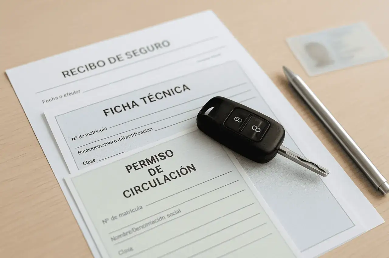 Llaves de coche sobre documentos de tasación vehículo: permiso de circulación, ficha técnica y recibo de seguro.