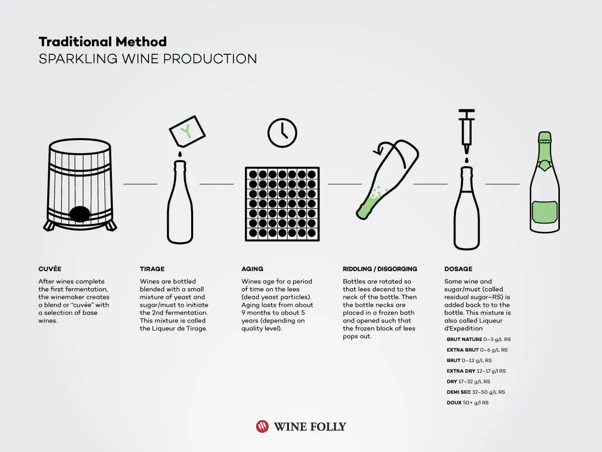 Schaubild erkl&auml;rt die Champagnerherstellung: Cuv&eacute;e, Tirage, Aging, Riddling/Disgorging, Dosage. Warum ist Champagner so teuer? Lange Reifezeit & aufwendige Prozesse!