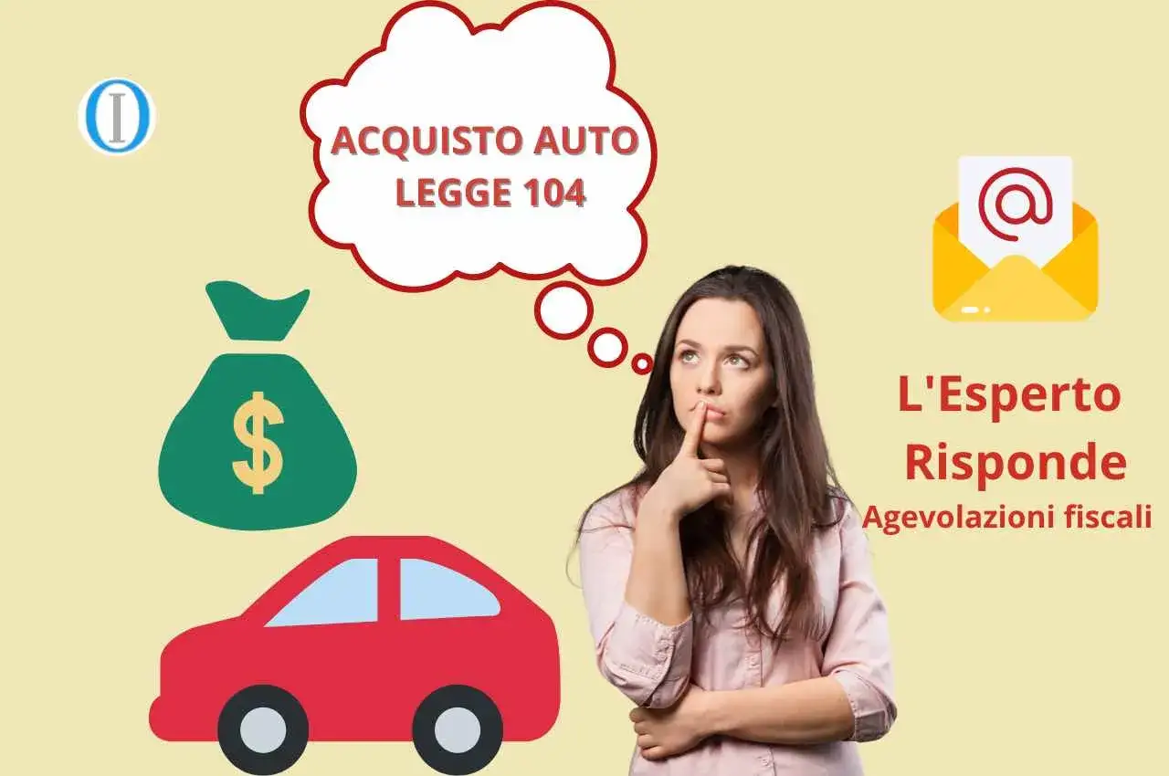 Donna pensa all'acquisto auto con agevolazioni legge 104. Icone di denaro e auto. L'esperto risponde.