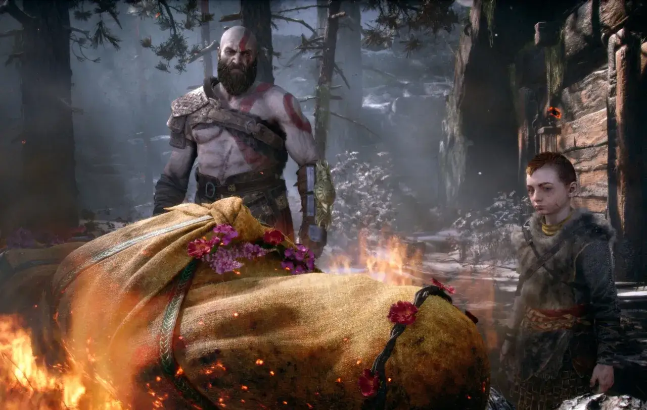 Kratos und Atreus stehen bei einer Feuerbestattung. Neue God of War News k&ouml;nnten bald folgen.