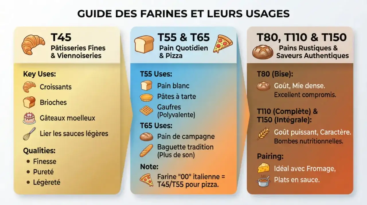 Guide des farines : la T80 (Bise) offre un goût et une mie dense, idéale pour pains rustiques. La T110/T150, c'est le caractère et les nutriments.