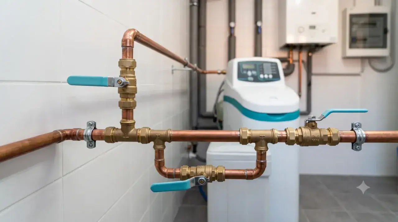 Instalación de descalcificador con tuberías de cobre y válvulas azules. Detalle de la fontanería.
