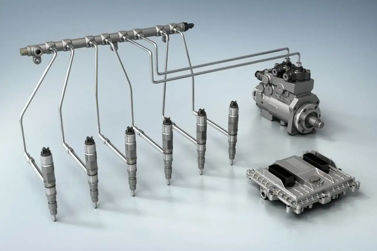 Componenti di un sistema common rail: pompa, iniettori e centralina. Il common rail significato è un sistema di iniezione diretta del carburante.