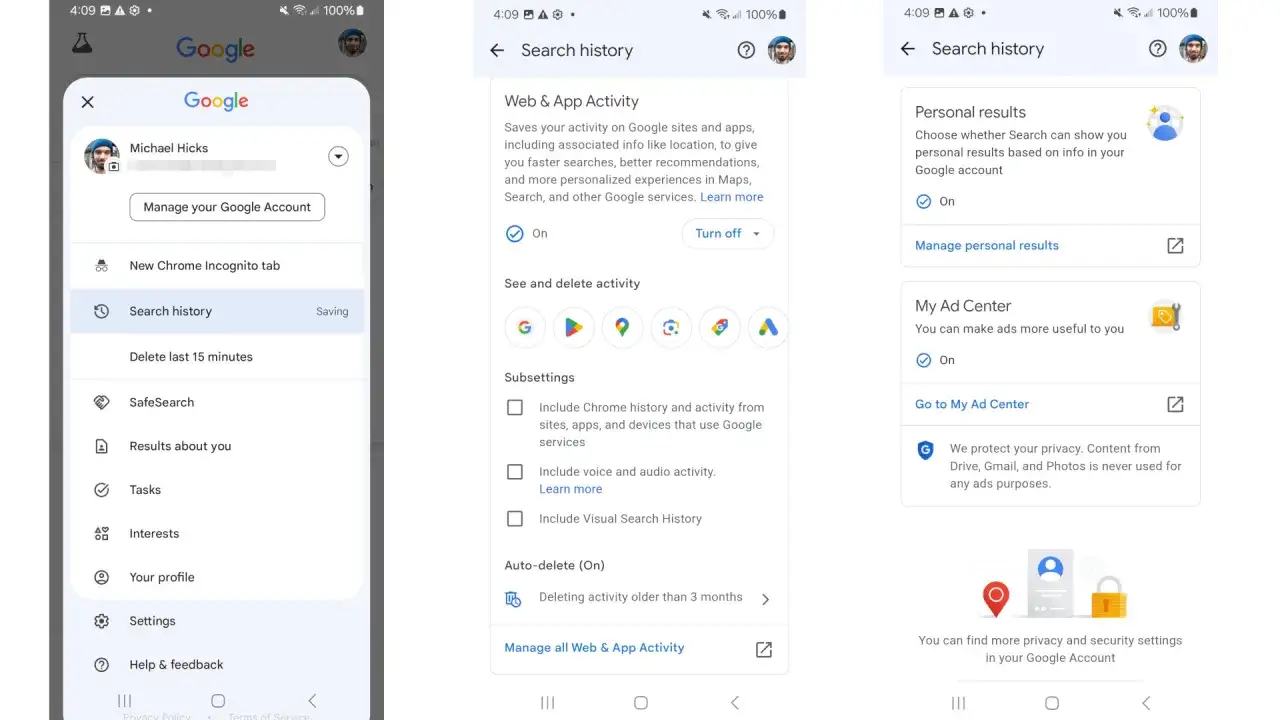 Jak włączyć Google Discover? Zrzuty ekranu pokazują ustawienia historii wyszukiwania Google, w tym opcje personalizacji i zarządzania aktywnością.
