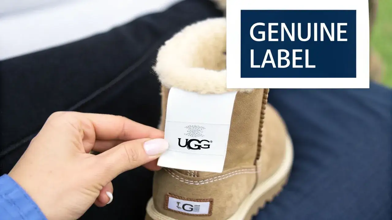 Dłoń trzyma metkę z logo UGG, potwierdzając autentyczność buta. UGG to znana firma produkująca obuwie.
