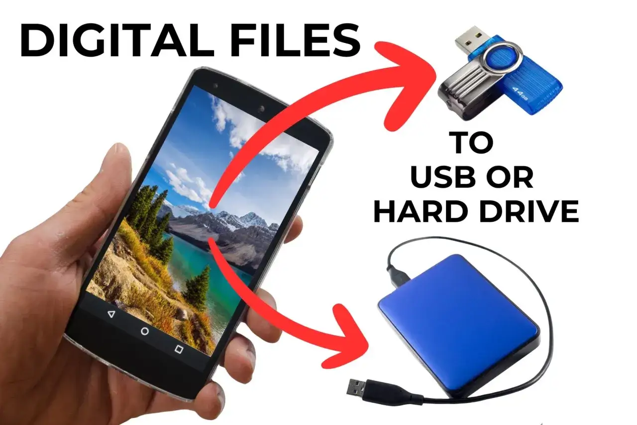 Jak przesłać zdjęcia z telefonu na pendrive lub dysk twardy. Ilustracja pokazuje telefon z pięknym krajobrazem, strzałki wskazujące na pendrive i dysk.