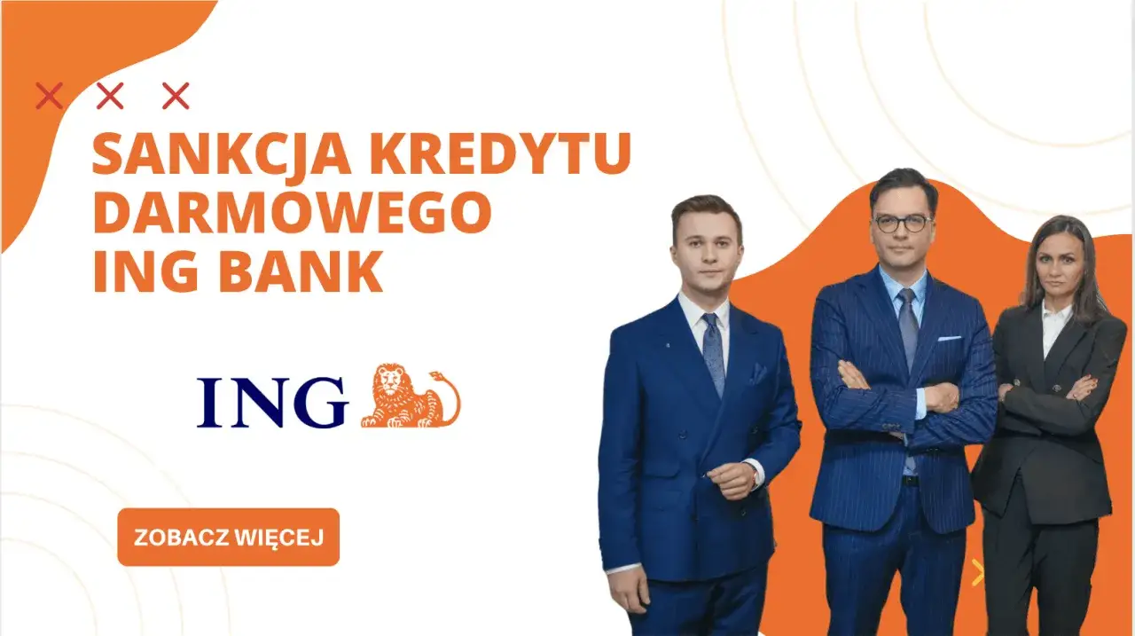 Sankcja kredytu darmowego w ING Bank. Trzy osoby w garniturach stoją na tle pomarańczowych fal.