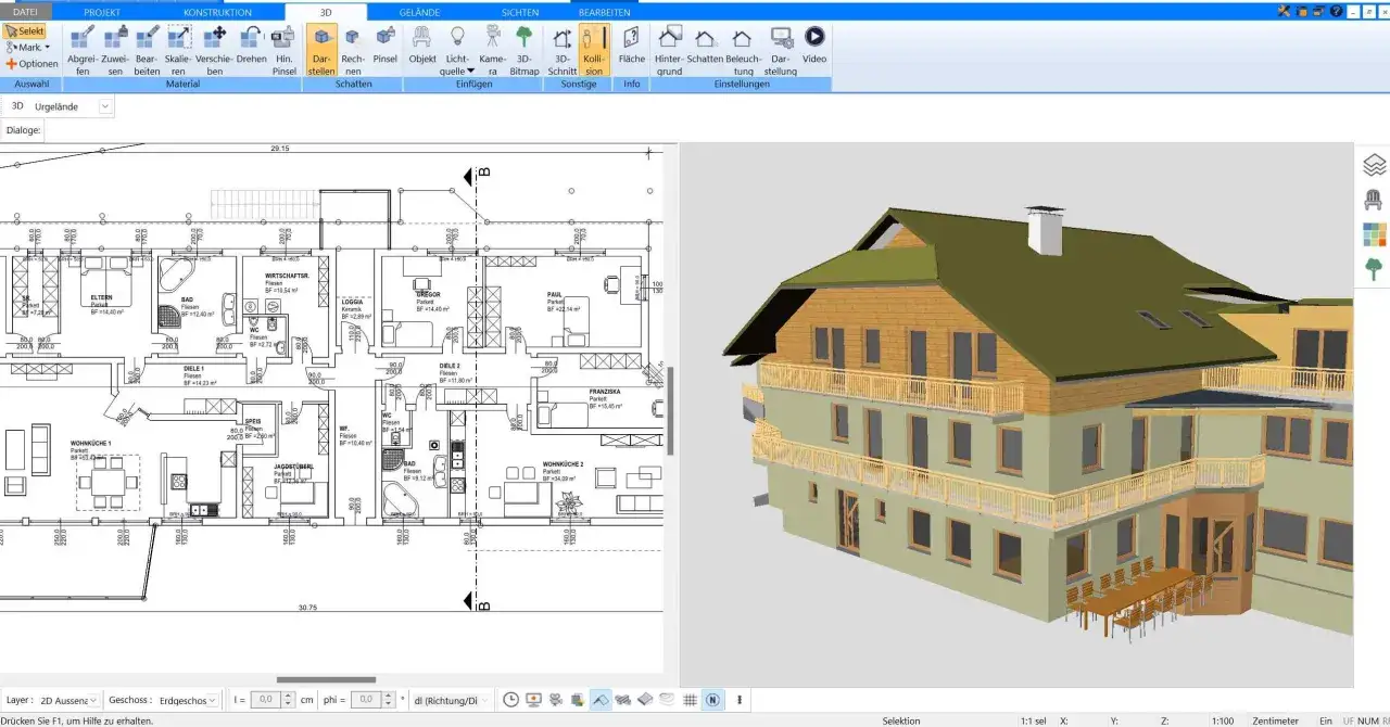 Grundriss 1:50 eines Mehrfamilienhauses mit 3D-Ansicht. Der Plan zeigt R&auml;ume wie Wohnk&uuml;chen, B&auml;der und Schlafzimmer.