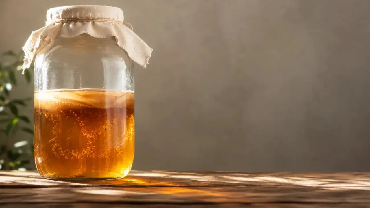 Szklany słój z napojem i widocznym SCOBY. To jest co to jest kombucha, fermentowany napój herbaciany.