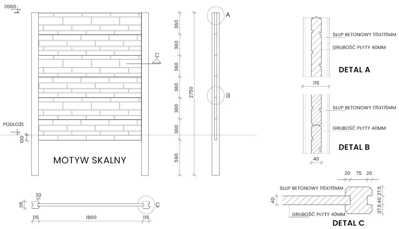 Rysunek techniczny ogrodzenia betonowego z widokiem frontowym i bocznym. Podano wymiary słupów betonowych 115x115mm i płyt 40mm.