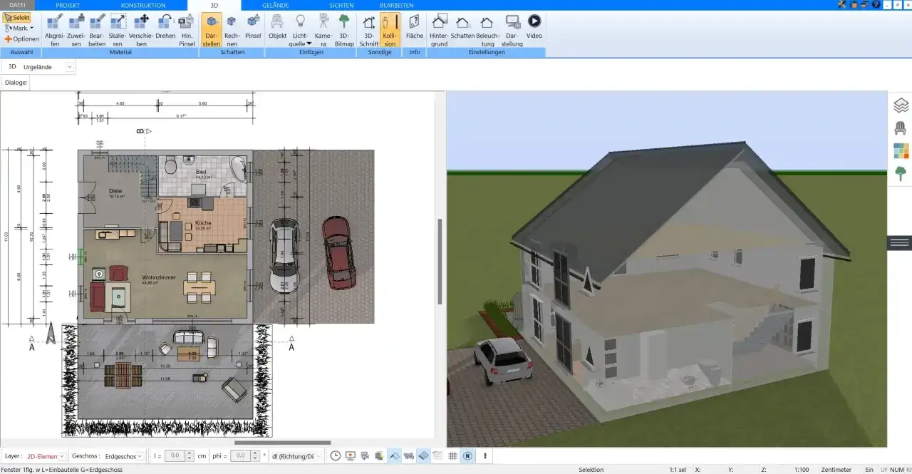 Haus-Elektroplanung: Grundriss und 3D-Ansicht eines Hauses mit Garage, Autos und Garten.