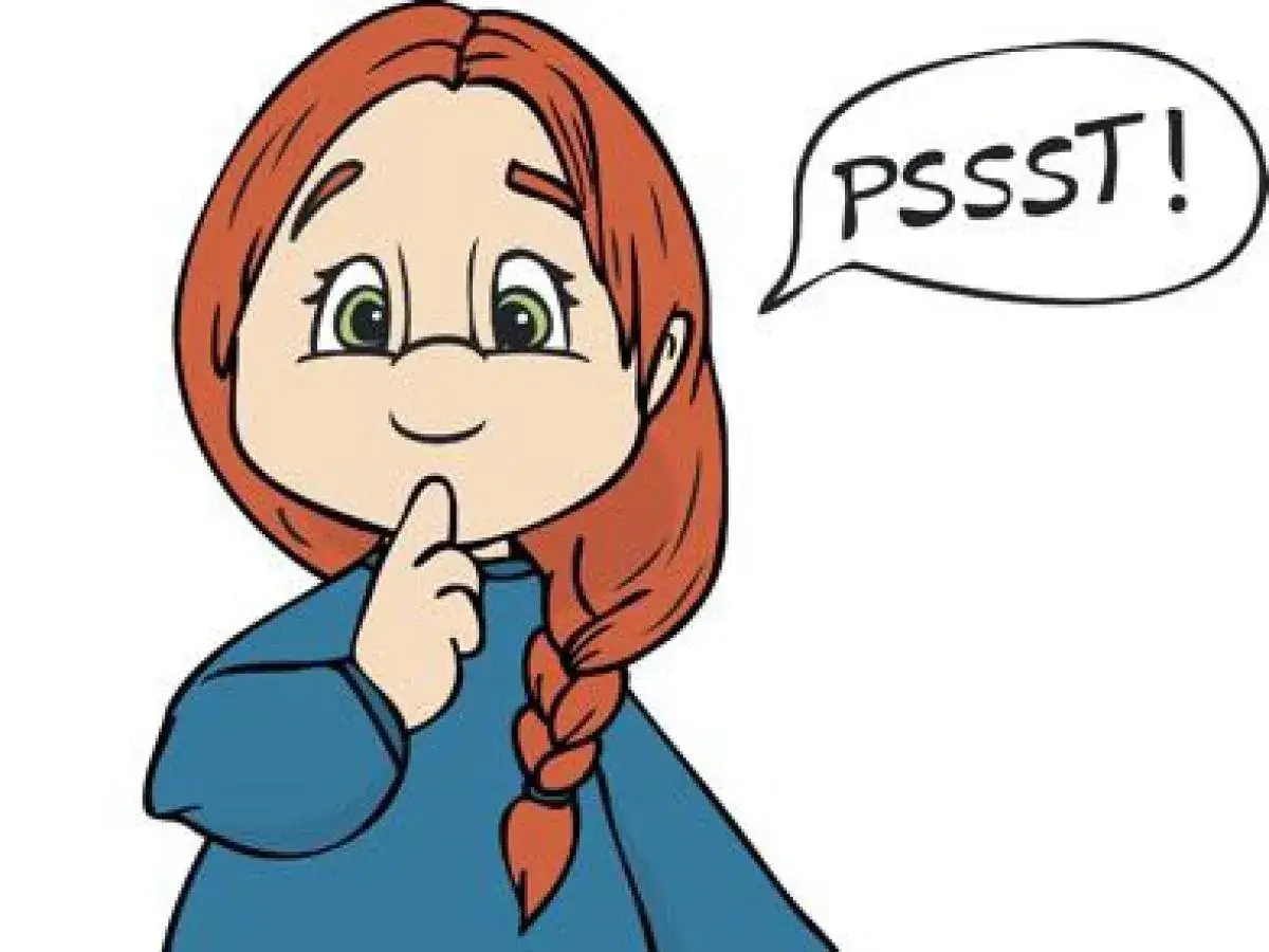 Ein M&auml;dchen mit roten Haaren und einem Zopf h&auml;lt einen Finger vor den Mund und fl&uuml;stert 