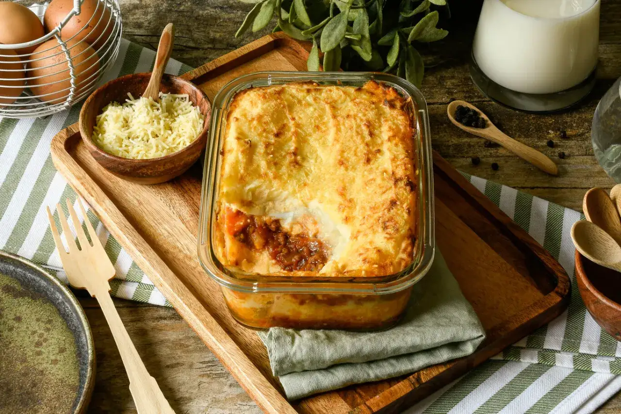 Un delicioso pastel de carne gratinado, listo para servir. Acompañado de queso rallado, huevos y especias.