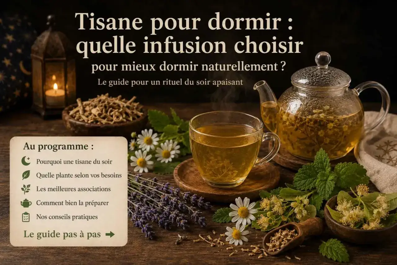 Une tasse fumante et une th&eacute;i&egrave;re remplie d'infusion, entour&eacute;es de lavande et de camomille. Parfait pour boire une tisane le soir et s'endormir paisiblement.