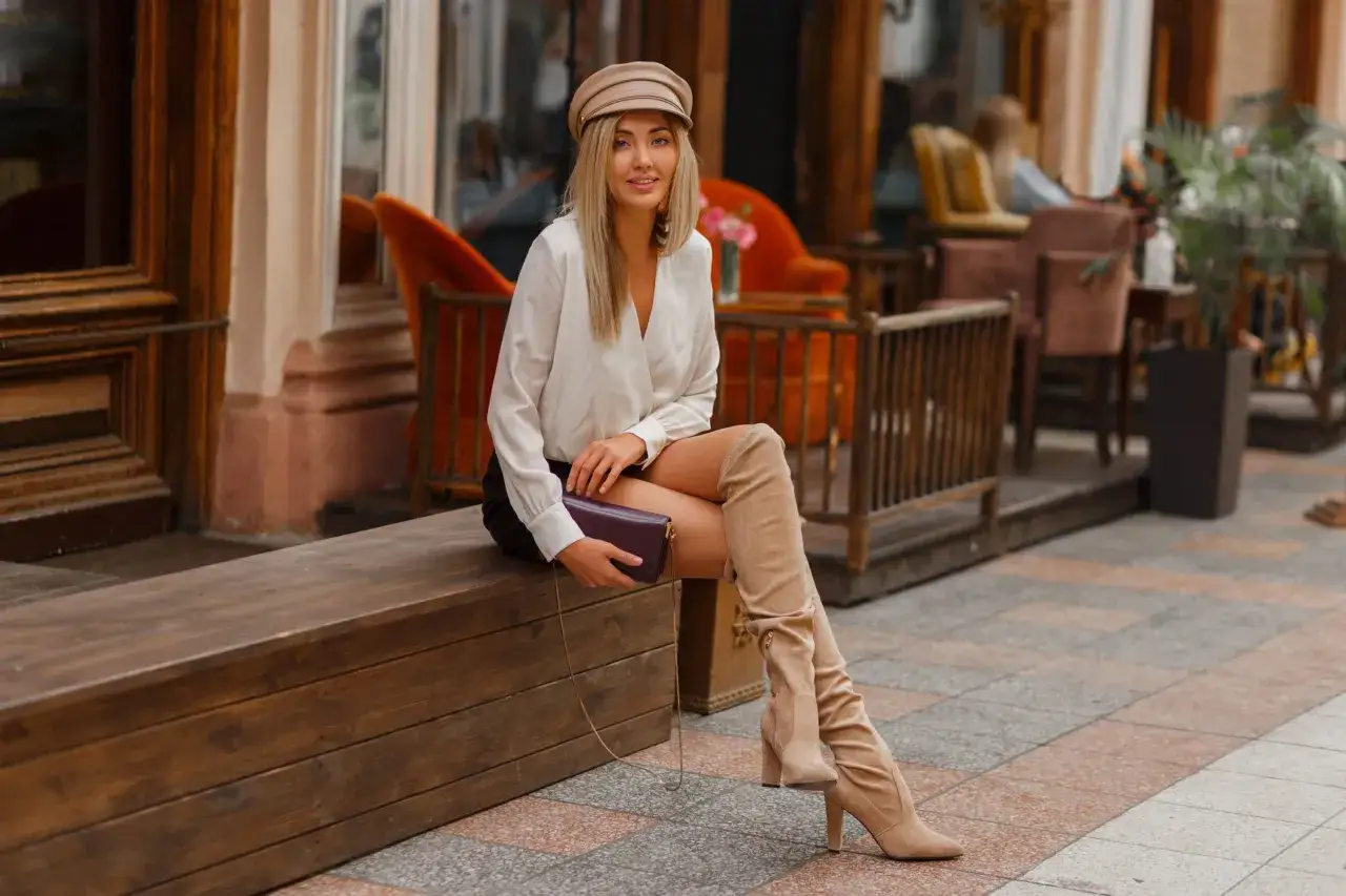 Une femme élégante assise sur un banc, portant des bottes hautes beiges, une tenue chic et un sac à main. Idée pour comment porter des bottes hautes marrons.